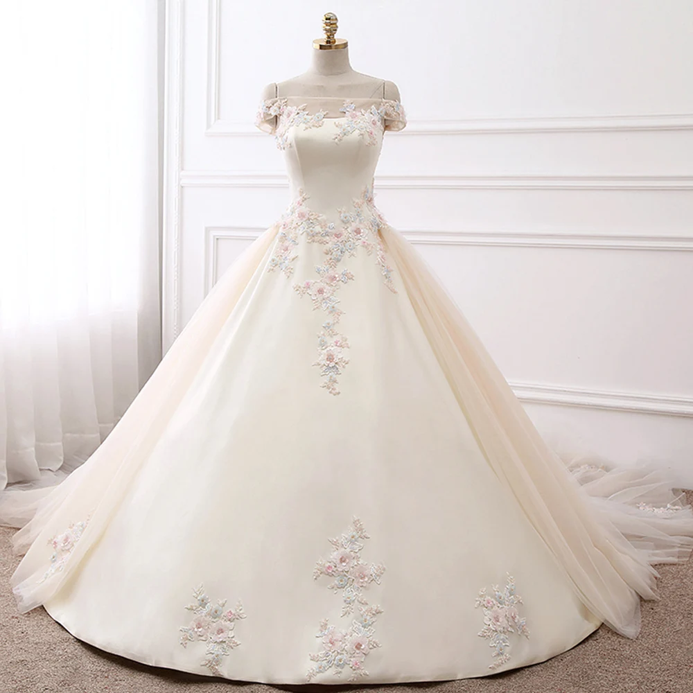 

Vestido De Noiva Plus Size Custom Made Beading Crystal Appliques Flowers Light Champagne Satin Ball Gown Wedding Dresses Wesele