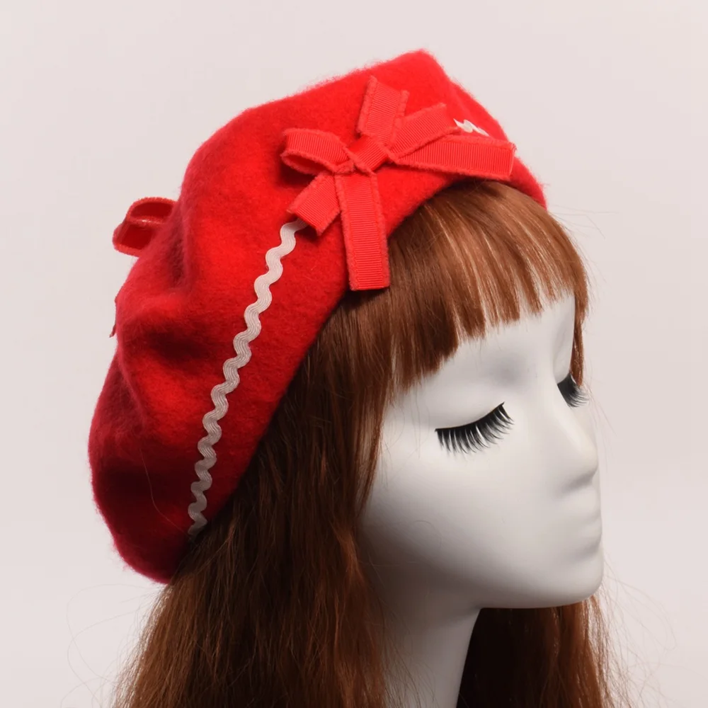 Шерстяная Шапка-берет в стиле Лолиты, ручная работа, рельефная шапка для женщин и девочек с бантом, Шапка-бини