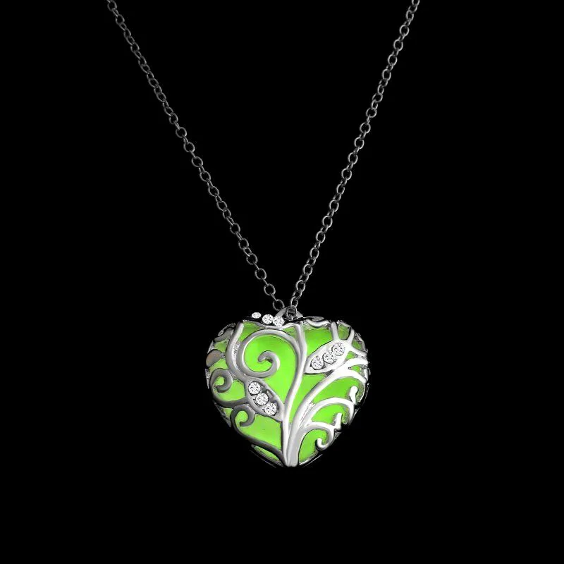 Turquoise Glow In the Dark Heart Necklace Silver Hollow Pendant Christmas Best Friend Gift