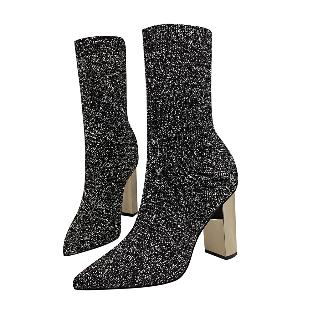 

Women Boots Pointed Toe Knitting Mid Calf Boots Thick High Heels Black Silver Shoes Woman Female Luxury Boots Fashion DS-B0329