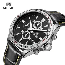 MEGIR leather fashion casual light timer man brand quartz watches men wristwatch chronograph hour for 3001 male