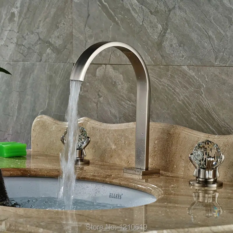 

Uythner Newly Deck Mounted 3Pcs Sink Faucet Mixer Tap Nickel Brushed Crystal Basin Faucet Cold&Hot Water Tap