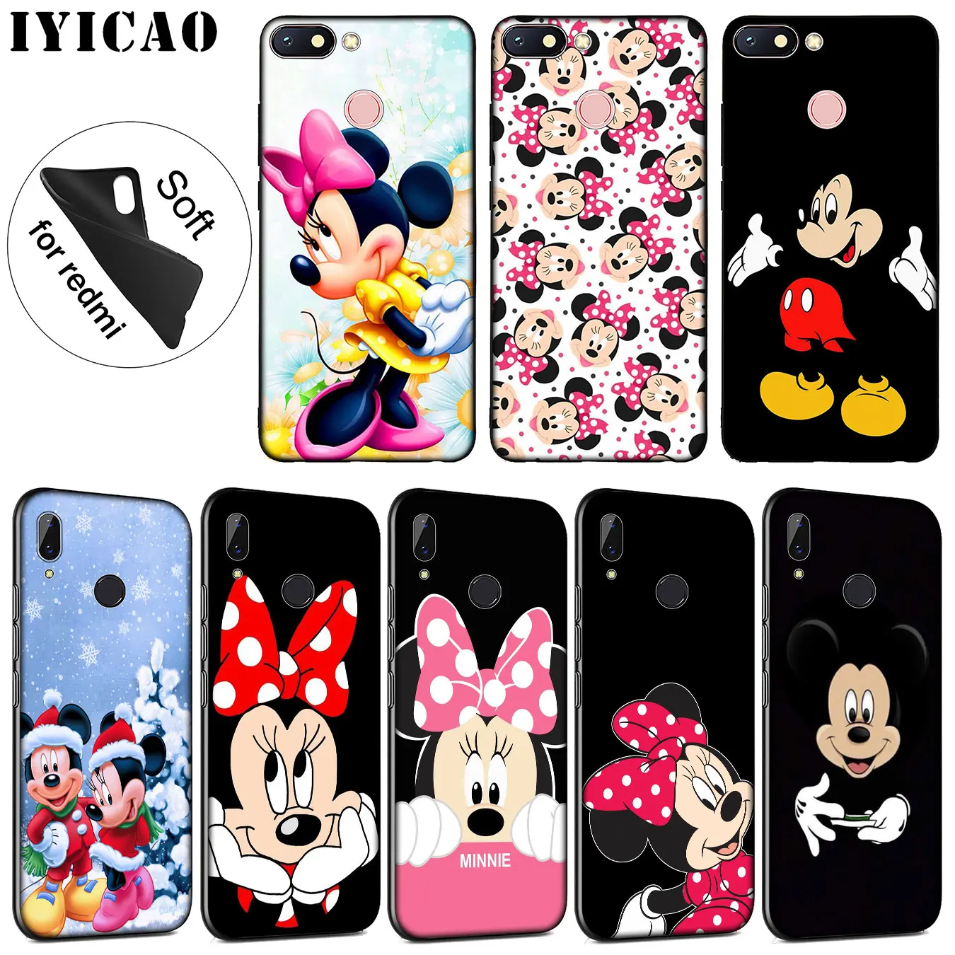 

IYICAO Mickey Minnie Mouse Soft Silicone Phone Case for Xiaomi Redmi 6A 5A S2 GO Note 7 4 4X 5 Plus 6 Pro Black TPU Cover