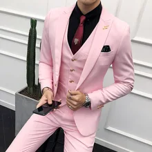 Костюм из 3 предметов, мужской брендовый приталенный деловой костюм, официальная одежда, смокинг, высокое качество, свадебное платье, мужские костюмы, повседневный костюм, Homme, 2XL, розовый цвет