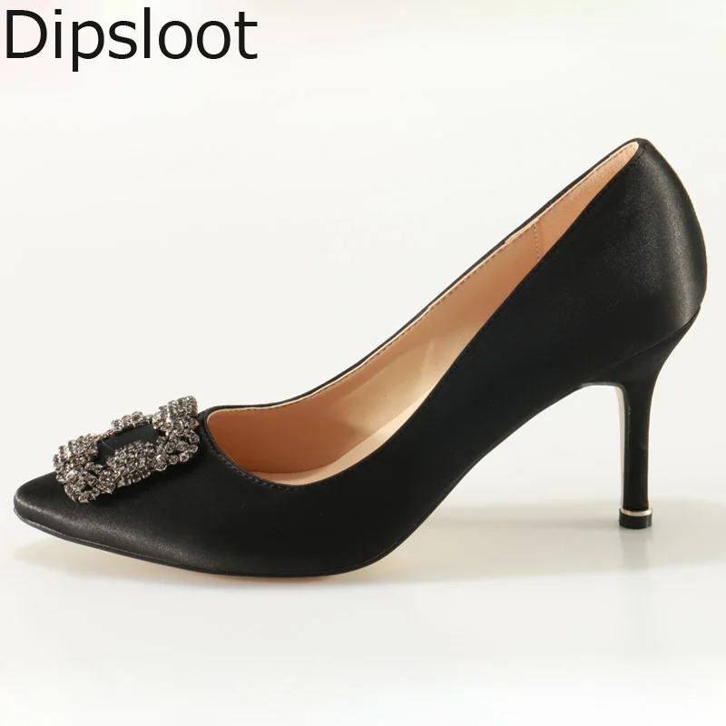Sexy Women Silk Jeweled Square Crystal Buckle Pointed toe Pumps Ladies