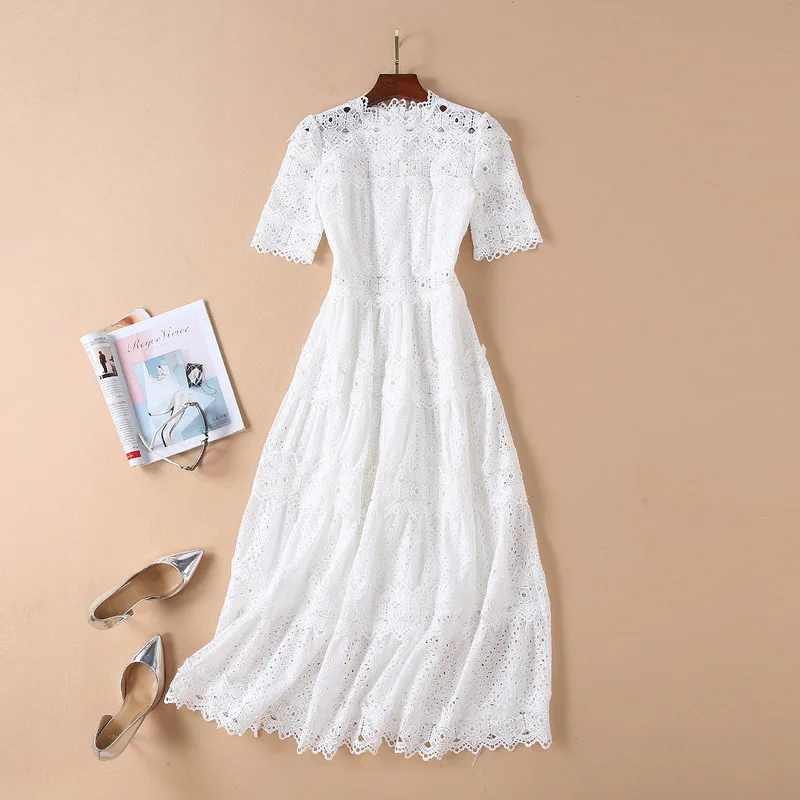 Courtes Rose blanc cou D'o Creux Manches Robe Out Qualité 2019 Femmes Longue D'été Floral Rose Haute Piste blanc À THCv7