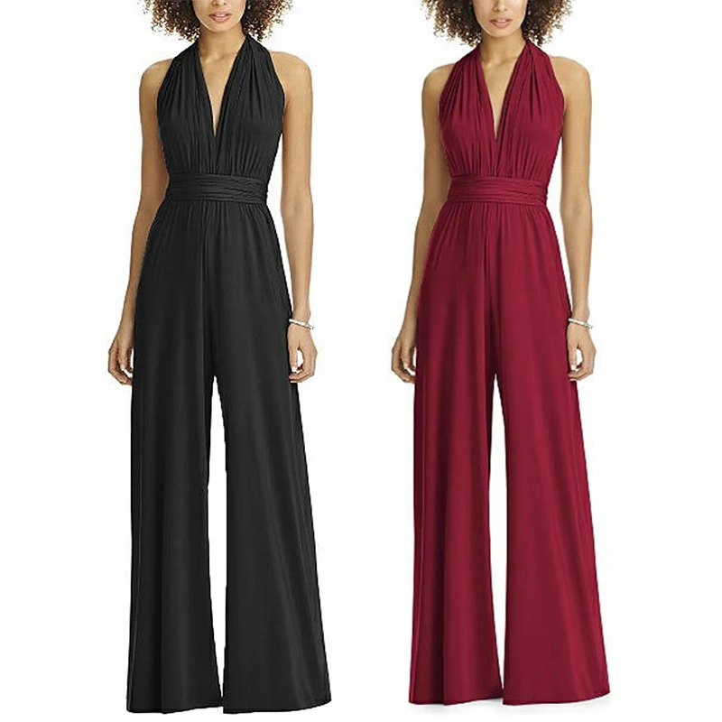 

Summer Women's Halter Neck Wrapped Chest V-neck Jumpsuit Wide Leg Pants Solid Color Waist Straps Jumpsuits New