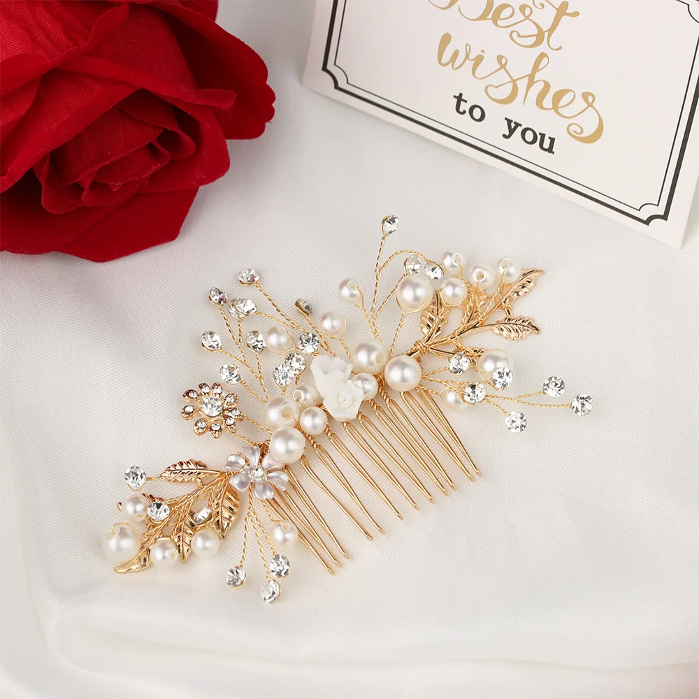 

Women Gold Pearl Rhinestone Hair Combs Leaf Flower Handmade Bride Headdress Wedding Bridal Head Piece Hair Ornaments