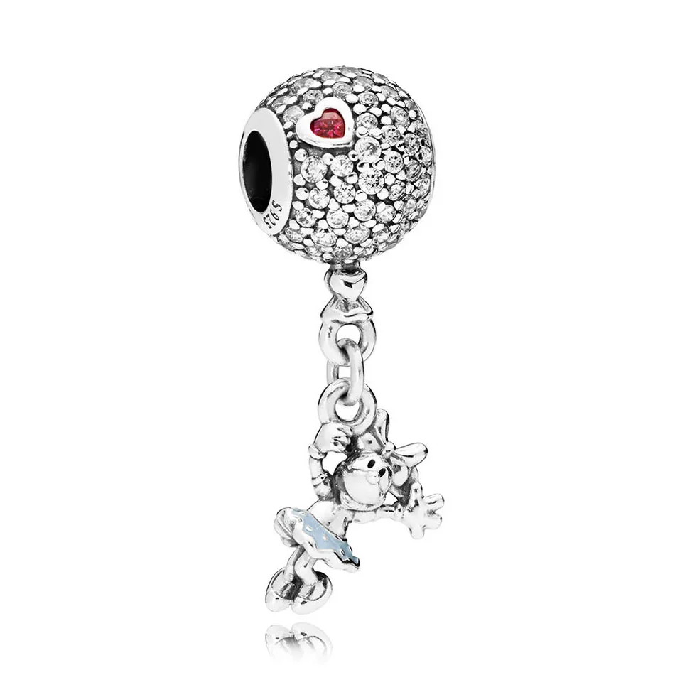 

925 Sterling Silver DIY Jewelry Floating Minnie Dangle Charm fit Pandora Bracelet Bangle Red Heart Enamel
