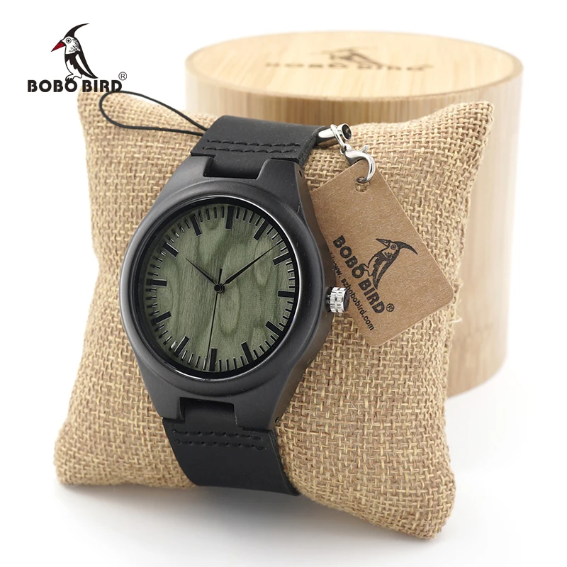 BOBO BIRD Nature Ebony Wooden Quartz Wrist Watch Green Wood Dail for Men Women with Genuine Leather Band in Gift Box