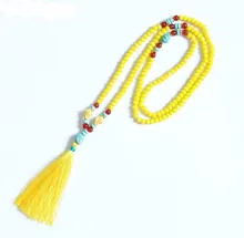 New design Yellow crystal beads handmade tassel pendant long necklace boho style knotted necklace women jewelry
