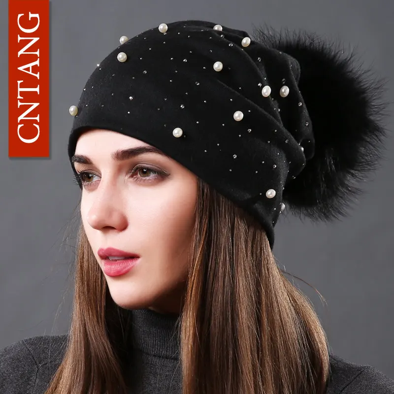 Black Black Pompom CNTANG, женская модная шапка, Осень-зима, шапки со стразами и жемчугом, женские шапочки, натуральный мех енота, помпон, хлопковые теплые шапки - Цвет: Black Black Pompom