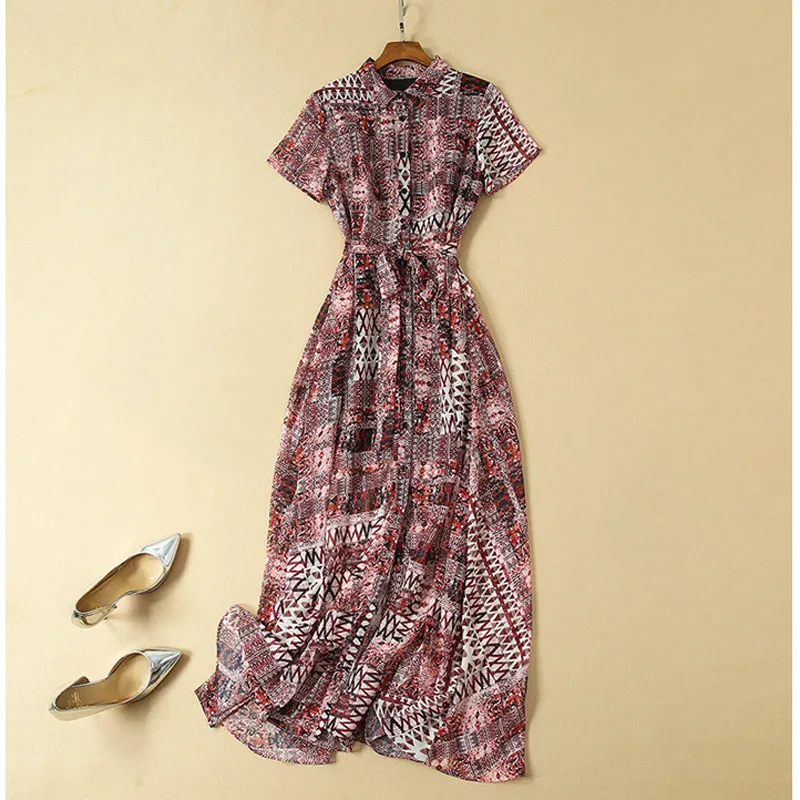 

summer dress ladies 2019 free shipping womens clothes ethnic print maxi dress woman shirt collar short sleeve buttons long dress