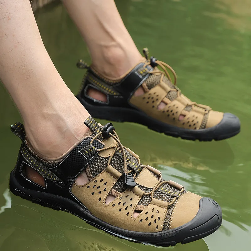 

2019 Men Outdoor Sandals Genuine Leather Summer Casual Comfortable Anti-slip Big Size Hiking Trekking Shoe Beach Fishing Sandals