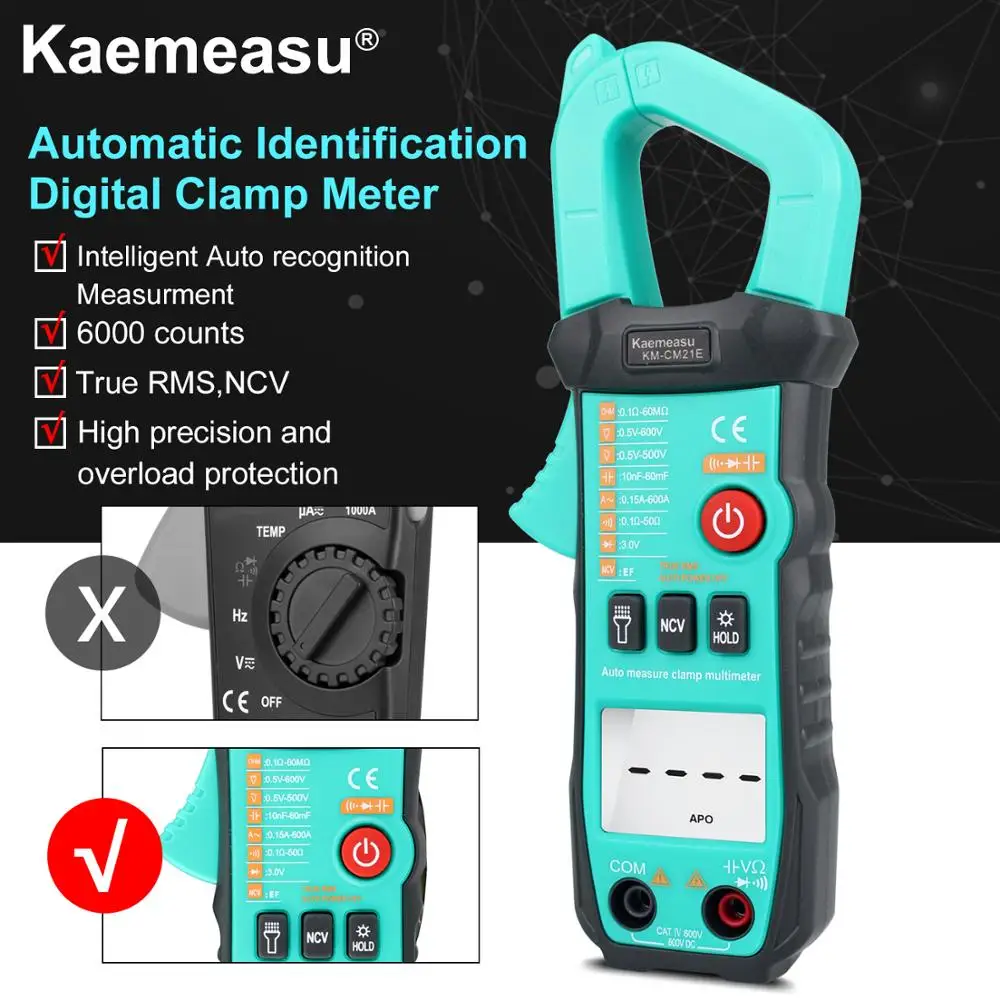Kaemeasu Интеллектуальный автоматический измеритель распознавания цифровой клещи 6000 отсчетов истинных среднеквадратичных значений NCV электронный инструмент для ремонта KM-CM21E