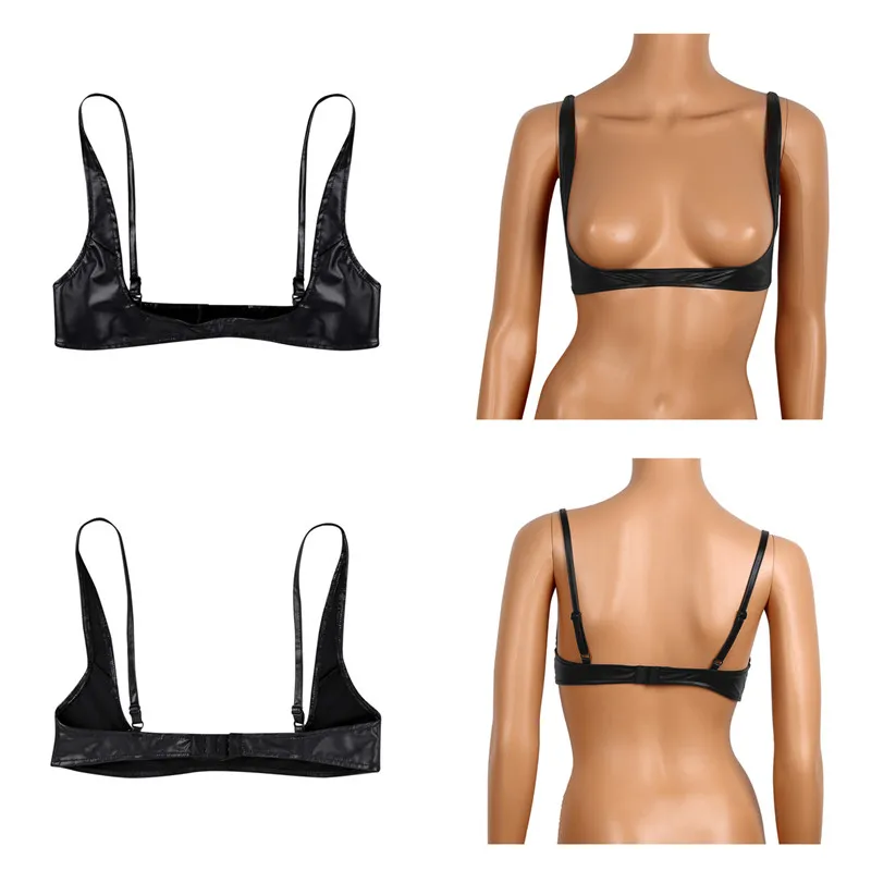 YiZYiF Sexy Women's Exposed Breasts Nipples Bra Lingerie Fashion Faux Leather Adjustable Wire-free Open Cup Shelf Bra YiZYiF Sexy Women's Exposed Breasts Nipples Bra Lingerie Fashion Faux Leather Adjustable Wire-free Open Cup Shelf Bra