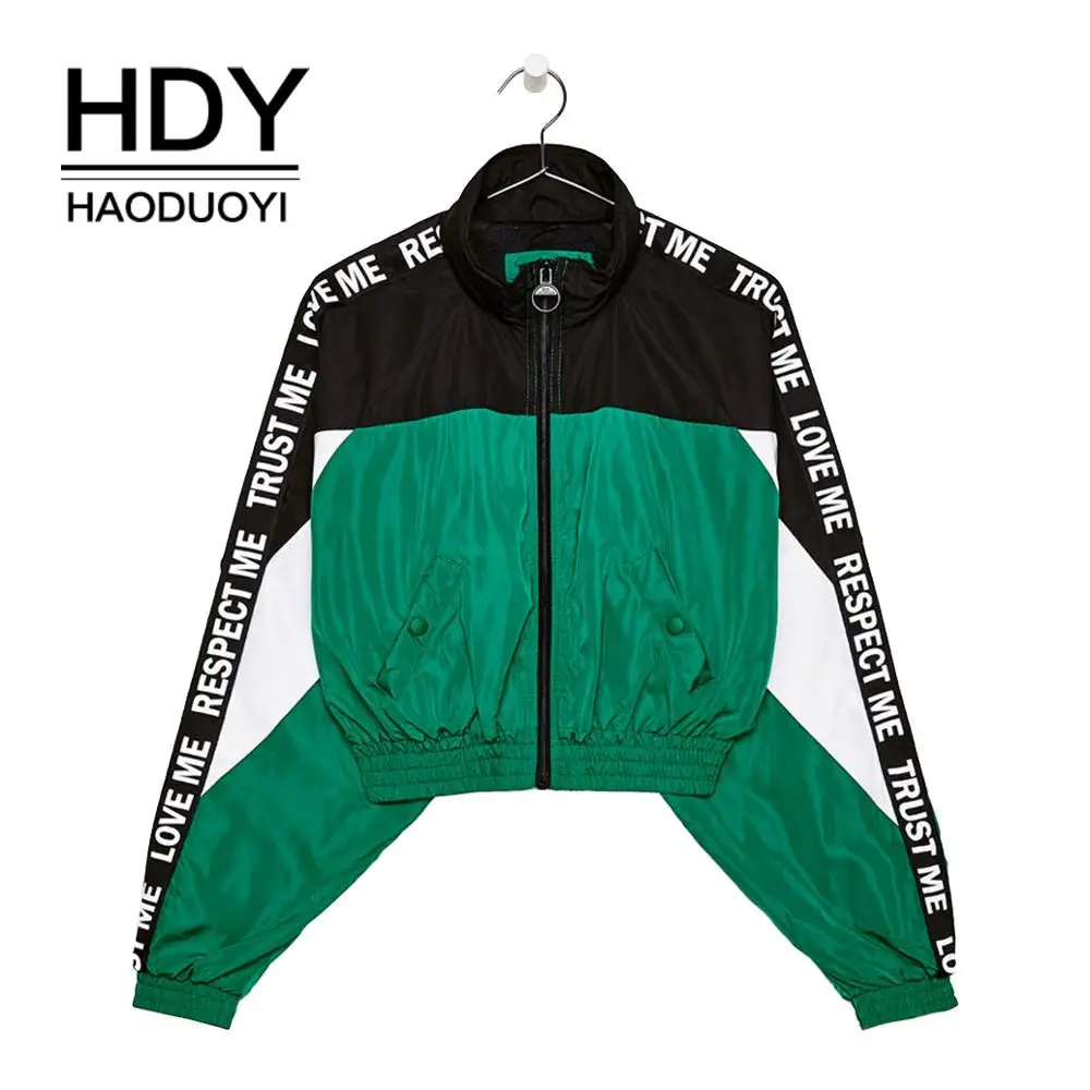 

HDY Haoduoyi Women Patchwork Coat Zipper Turn-down Collar Letter Pocket Autumn Outweater Loose Casual Preppy Style Coat