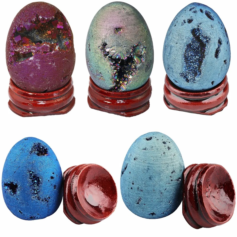 TUMBEELLUWA Natural Titanium Coated Quartz Druzy Agate Geode Crystal Egg Sphere Figurines with Wood Stand