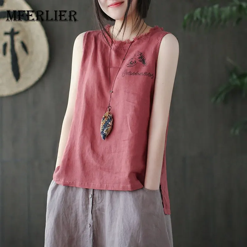 Mferlier Women Summer Cotton Linen Tank Tops Tees Tassel O Neck