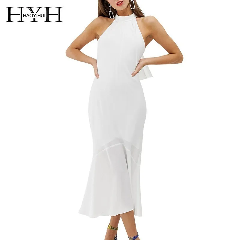 

HYH Haoyihui Summer Simple Fashion Elegant Femme Natual Sheer White Back Tied Bow Tie Round Collar Sleeveless Dress