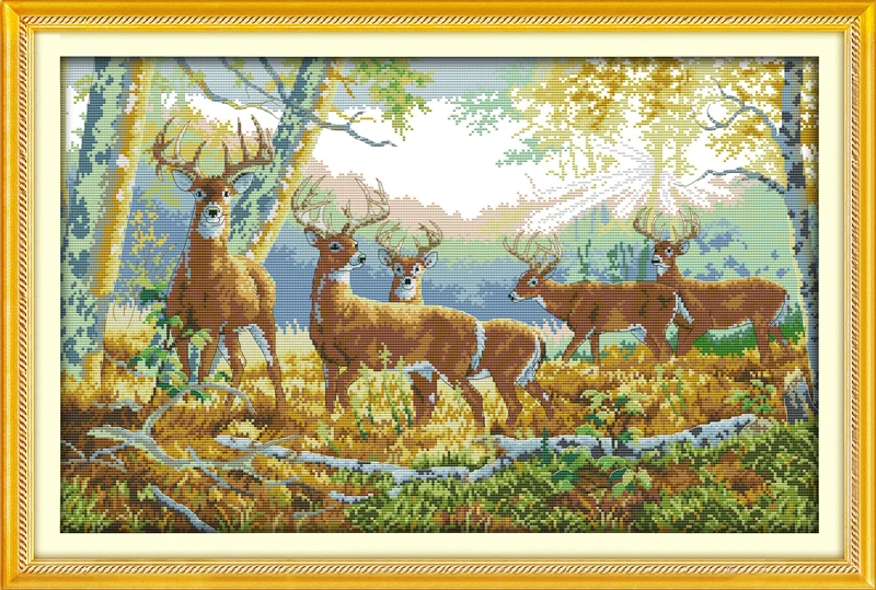 

Five deer in forest counted printed on fabric DMC 14CT 11CT Cross Stitch kitsembroidery needlework Sets Home Decor