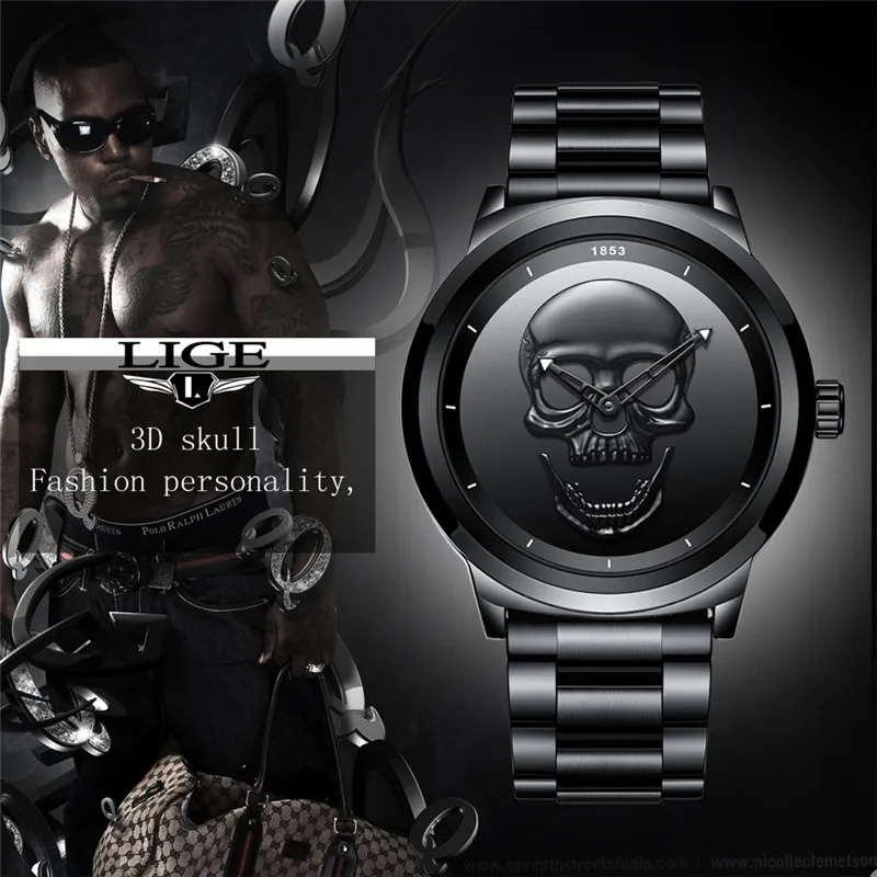 Men Skull Watch Lige Top Brand Quartz Stainless Steel Watchs Men Fashion Business Waterproof Cre-2