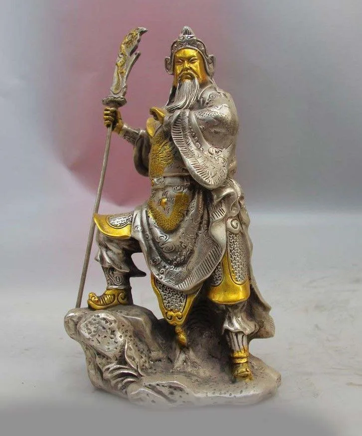 

China White Copper Silver Warrior Guan Gong Yu Buddha Hold Dragon Sword Statue SD 506