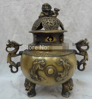 

0 10" Tibet Bronze Dragon Unicorn Lion Ball Statue Buddhism Incense Burner Censer