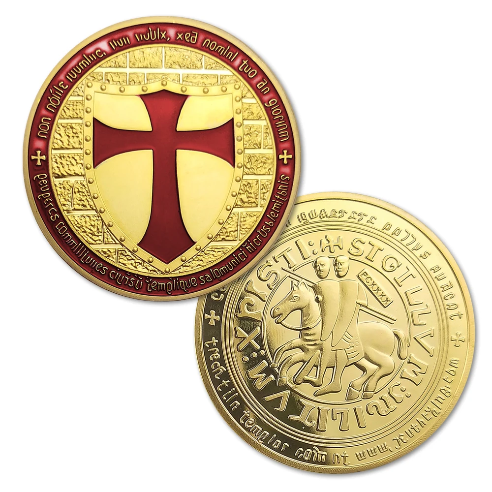 syiling bersalut emas, 5 pcs / lot, Knights Templar Cross Masonic Gold Coin, pembungkusan dalam kapsul plastik keras + beg RRJP
