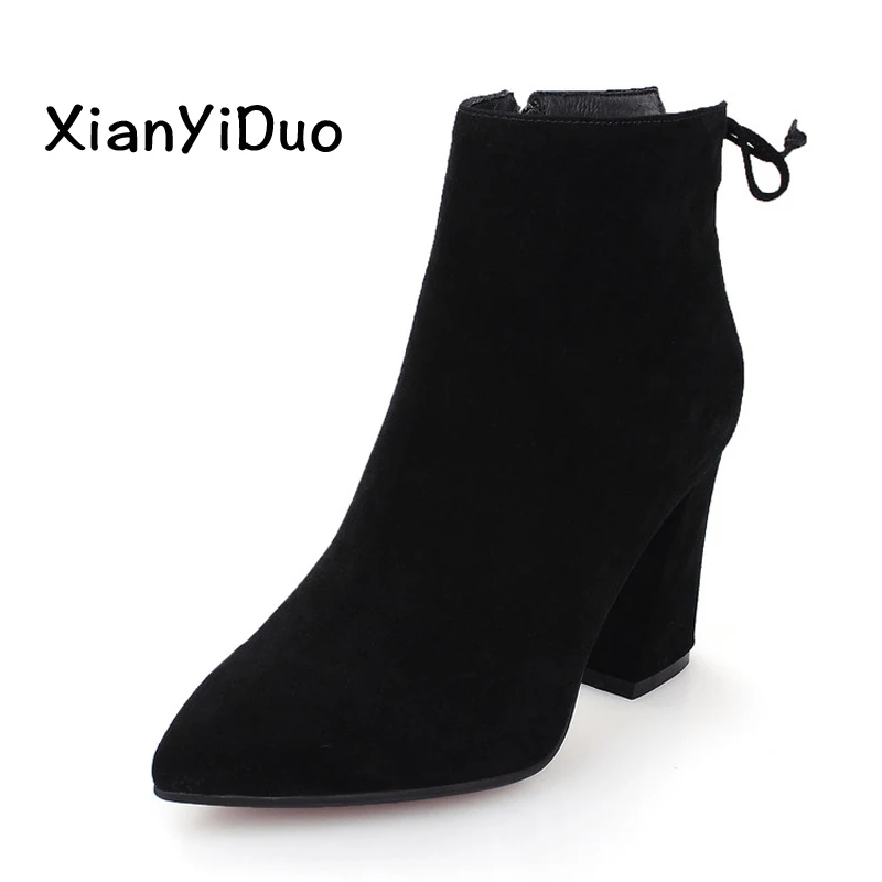 

Xianyiduo 2018 Spring/Autumn Women's Shoes Zipper Super High Pointed Toe Zipper Ankle Boots Cow Suede /M599