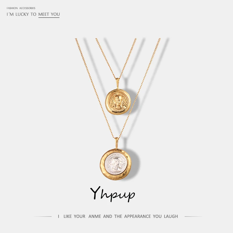 

Yhpup Charms Round Vintage Carved Portrait Pendant Double Layer Necklace Golden Baroque Trendy Metal Necklace Unisex Gift New