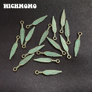 

New 50pcs 26*5MM New Retro Zinc Alloy Green Feather Charms Pendants for DIY Necklace Jewelry Accessories