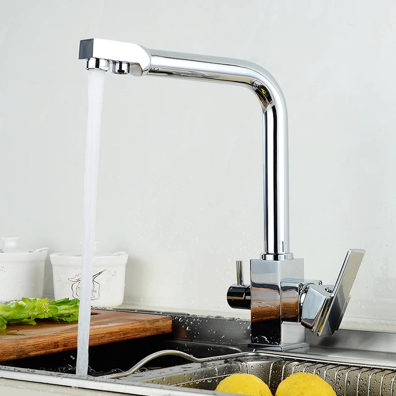 Fapully Square Filter Faucets Kitchen 3 Way Water Tap Dual Lever Kitchen Taps Chrome Musluk Deck Mounted Water Purifier Faucet