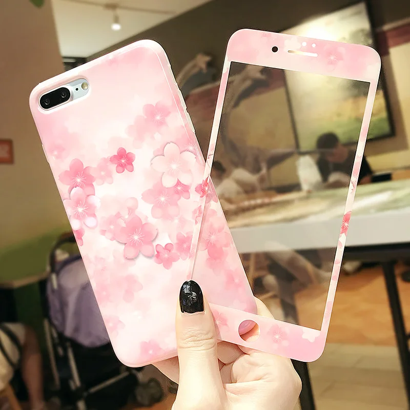 For iphone 7 7plus Luxury Peach blossom phone Cases Cover + Tempered Glass Screen Protector for iPhone 8plus 8 Flower Fudas |