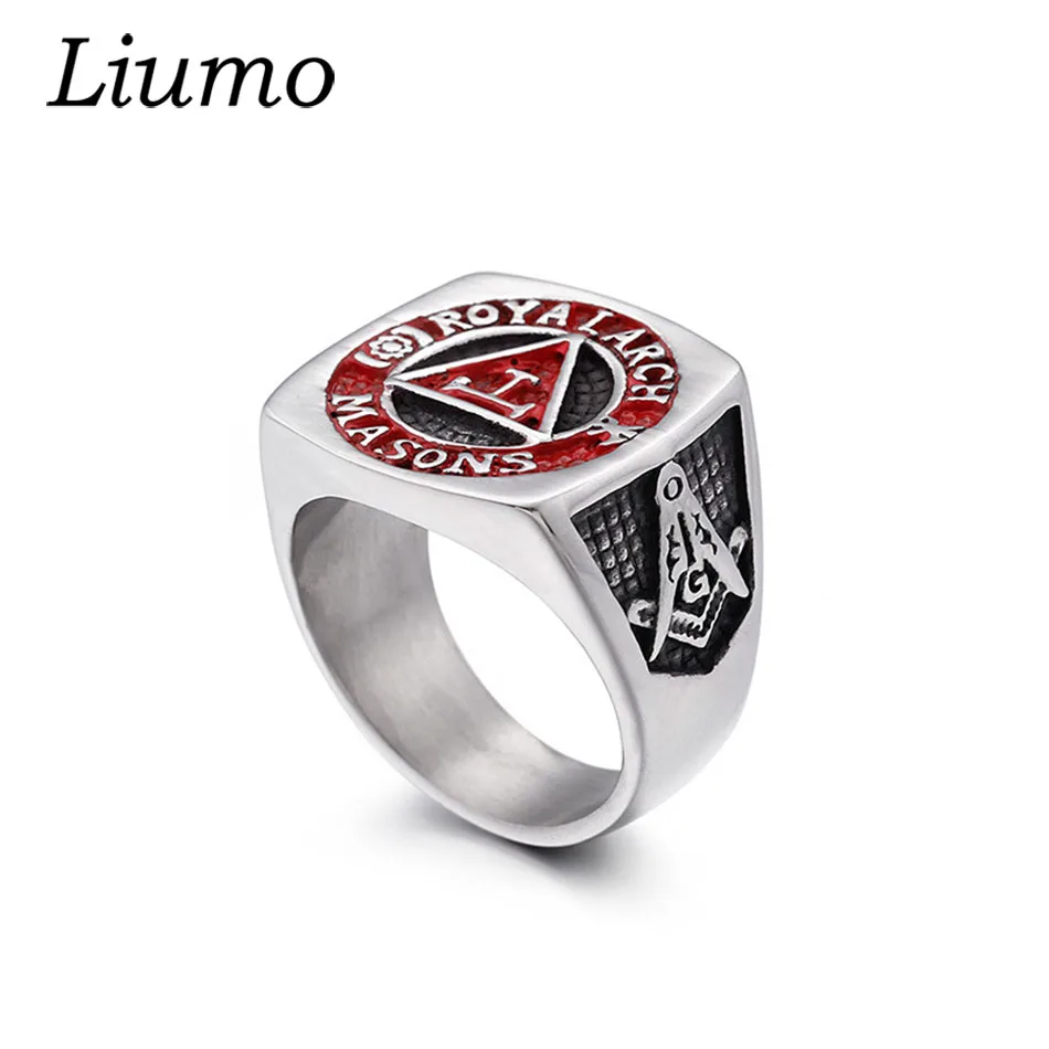 

Liumo Fashion Punk Style Red Color Masonic 316L Stainless Steel Men Biker Ring Lr916