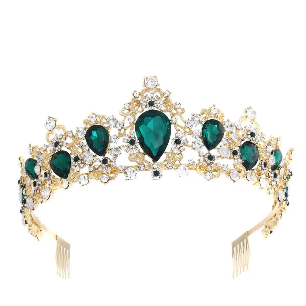 

Baroque Gold Red Blue Green Crystal Bridal Tiaras Crown With Comb Rhinestone Diadem Pageant Prom Crowns Wedding Hair Accessories