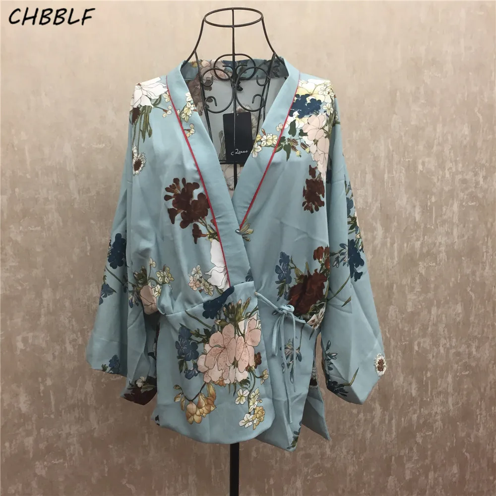 

New European Women Print Kimono Three Quarter V-neck Blusas Feminina Sashes Top Women Xdz1096