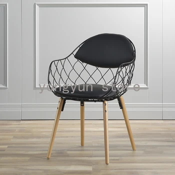 

home furniture fashion dining chair Minimalist modern metal steel wire chair with solid wood leg base basket chairs