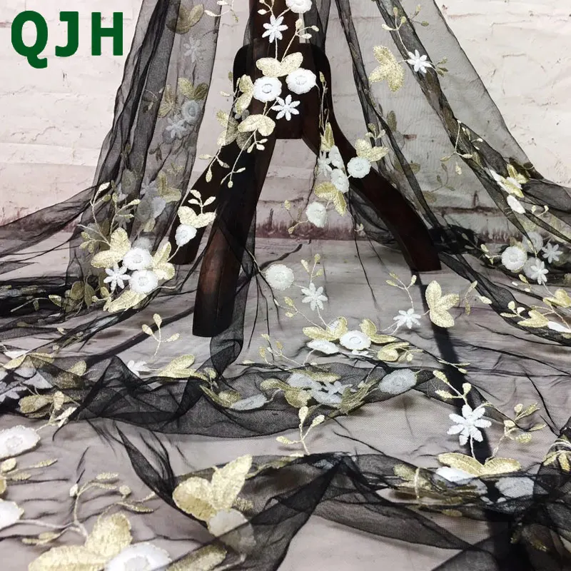 

Fashion Multi-color French Lace fabric applique High Quality Gold wire textile embroidery fabrics material wedding/party dress