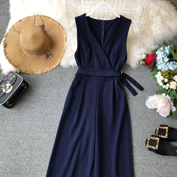 Sleeveless V-neck High Waist Sashes Wide Leg Jumpsuit