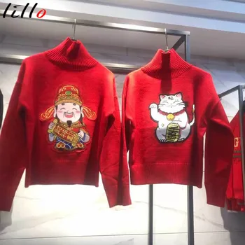 

2019 new thick knit bottoming shirt sweater high collar big red embroidery lucky cats wealth gods sweater women thick sweater re