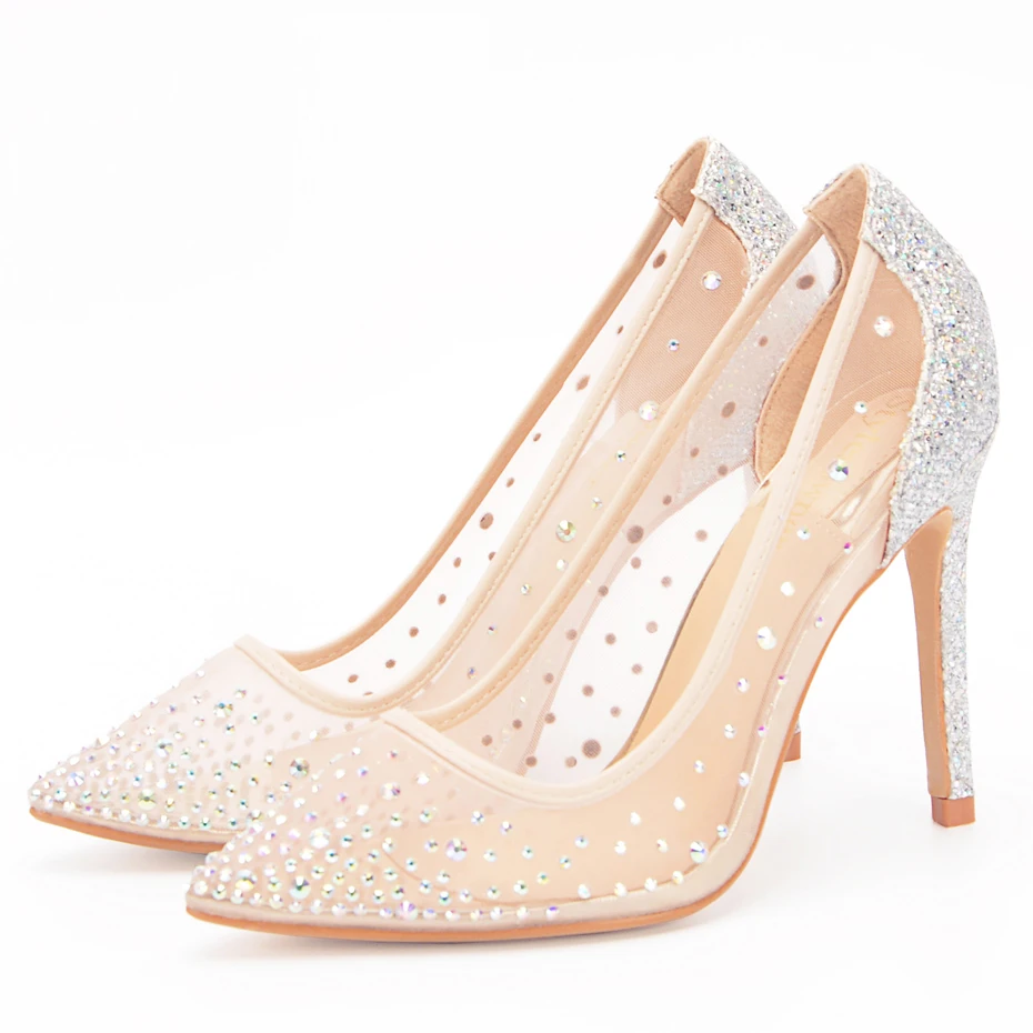 Stylesowner Hottest Lady Sexy Wedding Shoe Transparent Mesh Diamond Bling Shoes Pointed Toe Sequins Party High Heel Sapatos 41
