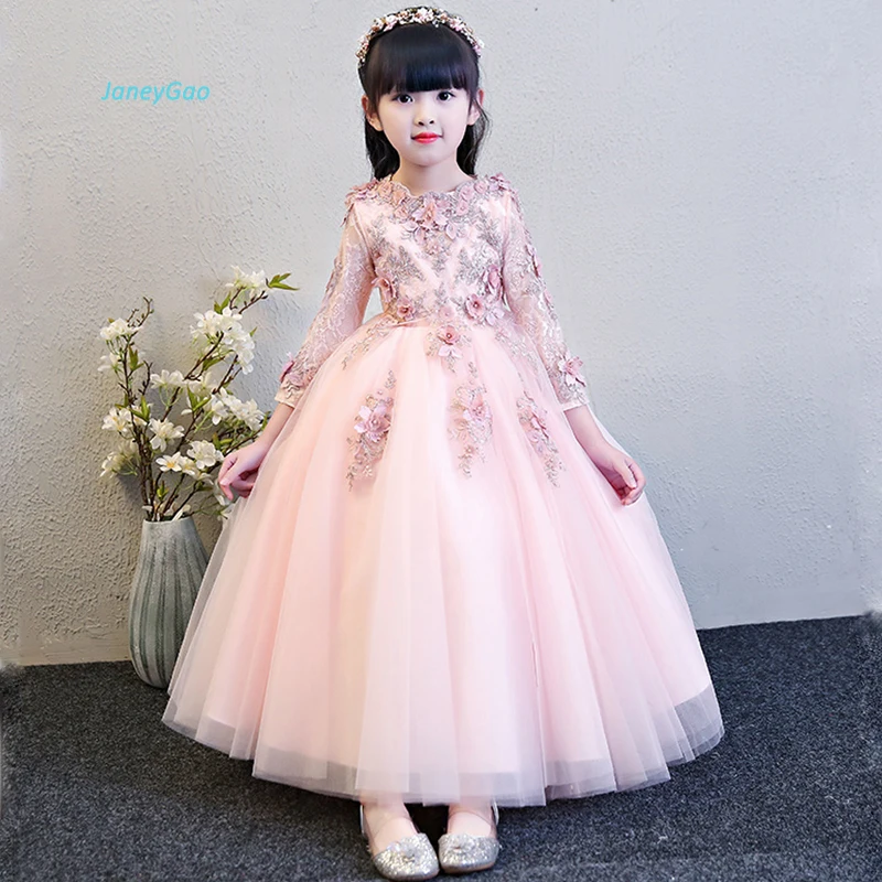 

JaneyGao Flower Girl Dresses For Wedding Party Pink Dresses For Girl White Formal Gown Red Girl Formal Dresses With Sleeves 2019