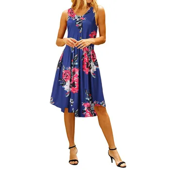 

CHGOISIO 2019 New Summer Women Dress Fashion Sleeveless Casual Print O Neck Tank Knee-length Party Sundress Robe Femme 9617