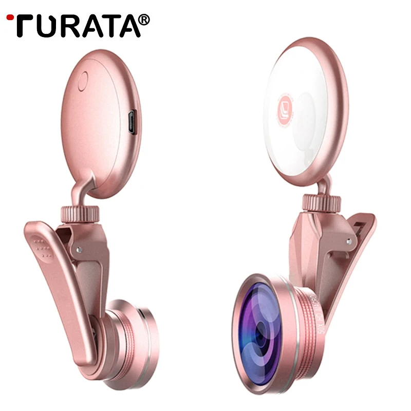 

TURATA LED Selfie Flash Light Fill Light With Fisheye Wide Angles Macro Lens 360 Rotation For iPhone 7 For Galaxy S8 Phone Lens