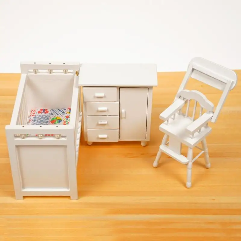 3pcs/set Dongzhur Bedroom Furniture Wooden Crib Bed Baby Chair Cabinet 1:12 Scale Dollhouse Miniatures Kids DIY Doll House