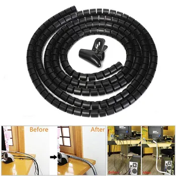 

1m 10/25mm Cable Spiral Wrap clip Tidy Cord Wire Banding Loom Storage Organizer PC TV Tool black black white color