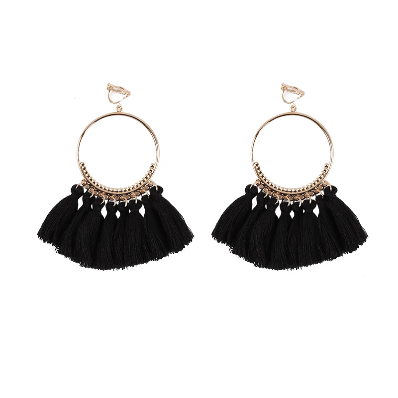 Bohemian Long Tassel Clip On Earrings No Pierced for Women Vintage Round Trendy Cotton Rope Fringe Fashion Jewelry Ear Clip ear clip earrings clip earrings ear clip