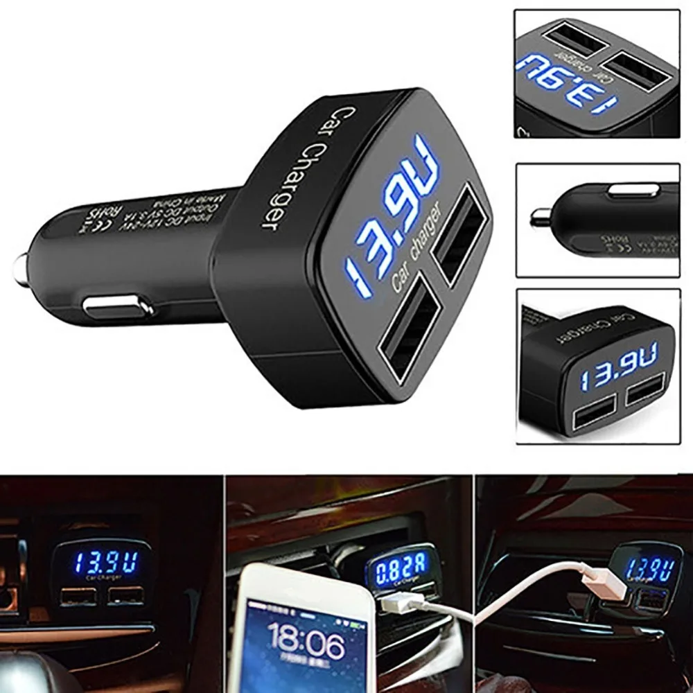 

USB 4 in 1 Car Charger DC5V 3.1A USB with Voltage/temperature/Current Meter Tester Adapter Digital Display