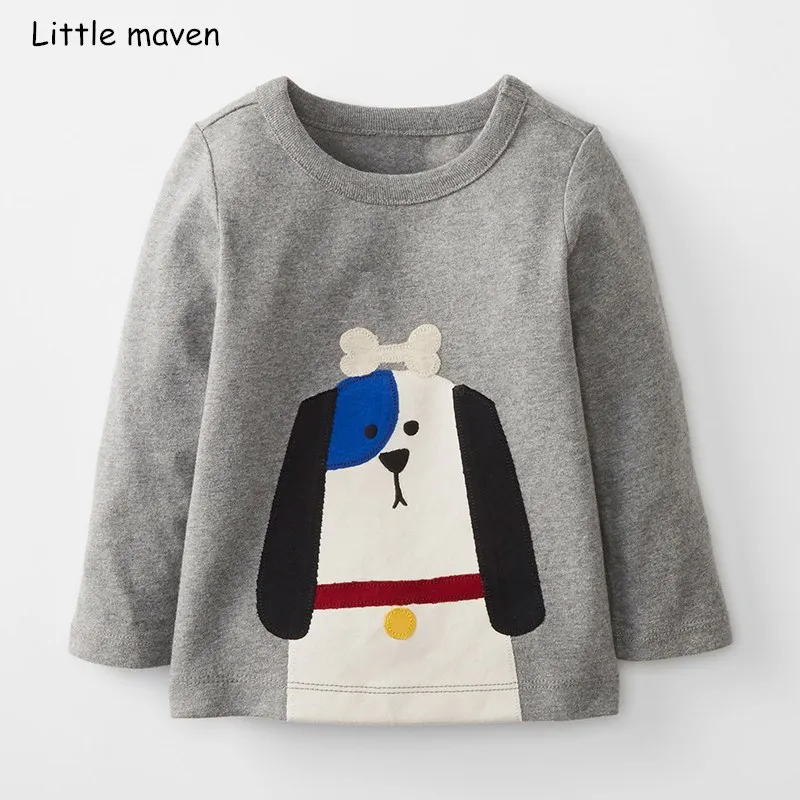 Little maven/брендовая одежда для детей; Новинка г.; Осенняя хлопковая футболка с длинными рукавами, круглым вырезом и принтом волка для мальчиков; 50603